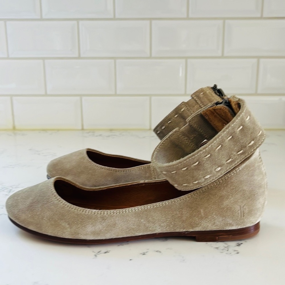 Frye Ash Suede Carson Ankle Strap Ballets Flats - Picture 5 of 14